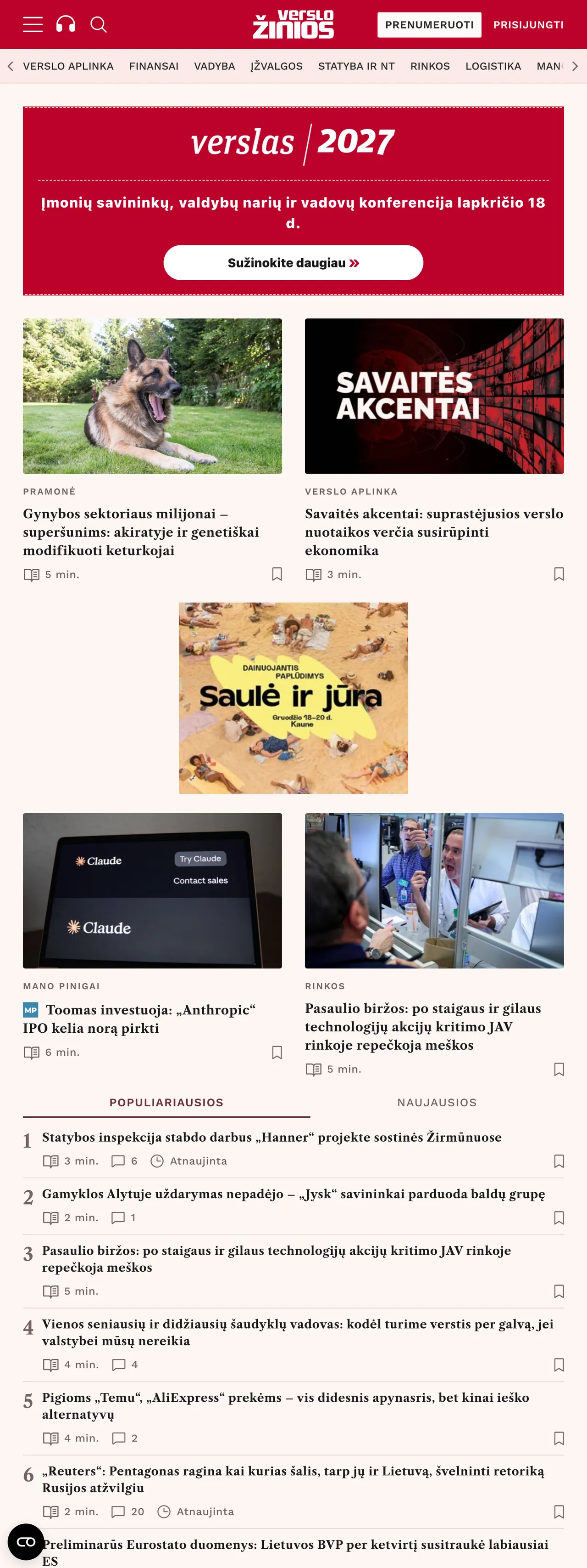Screenshot of the Verslo žinios front page