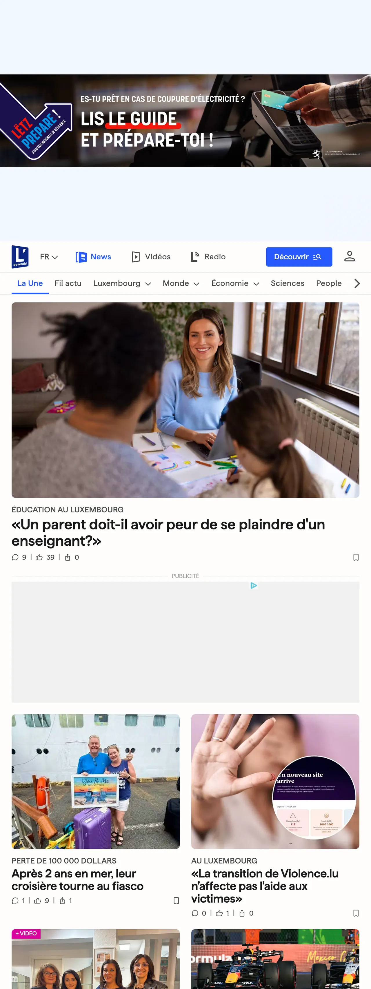 Screenshot of the L'essentiel front page