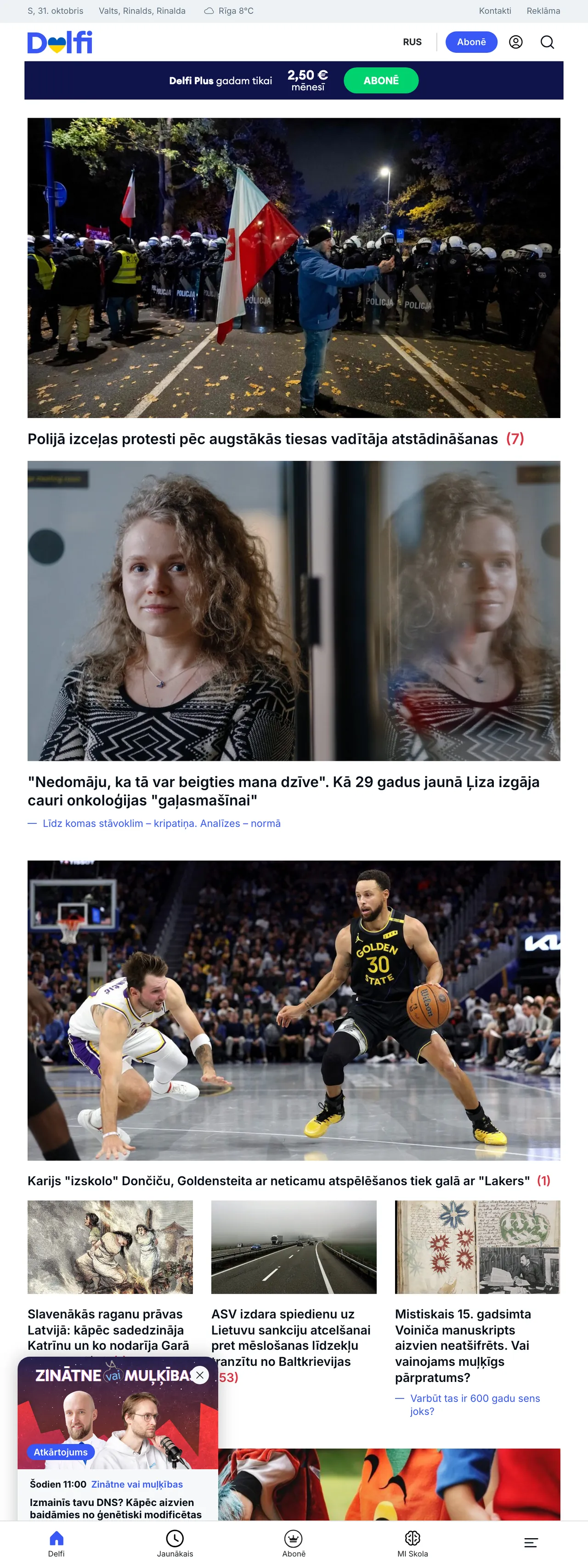 Screenshot of the Delfi front page
