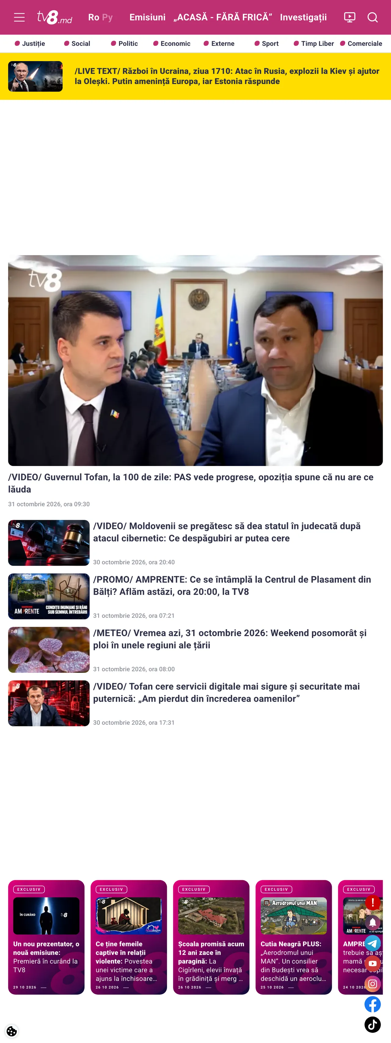 Screenshot of the TV8 front page