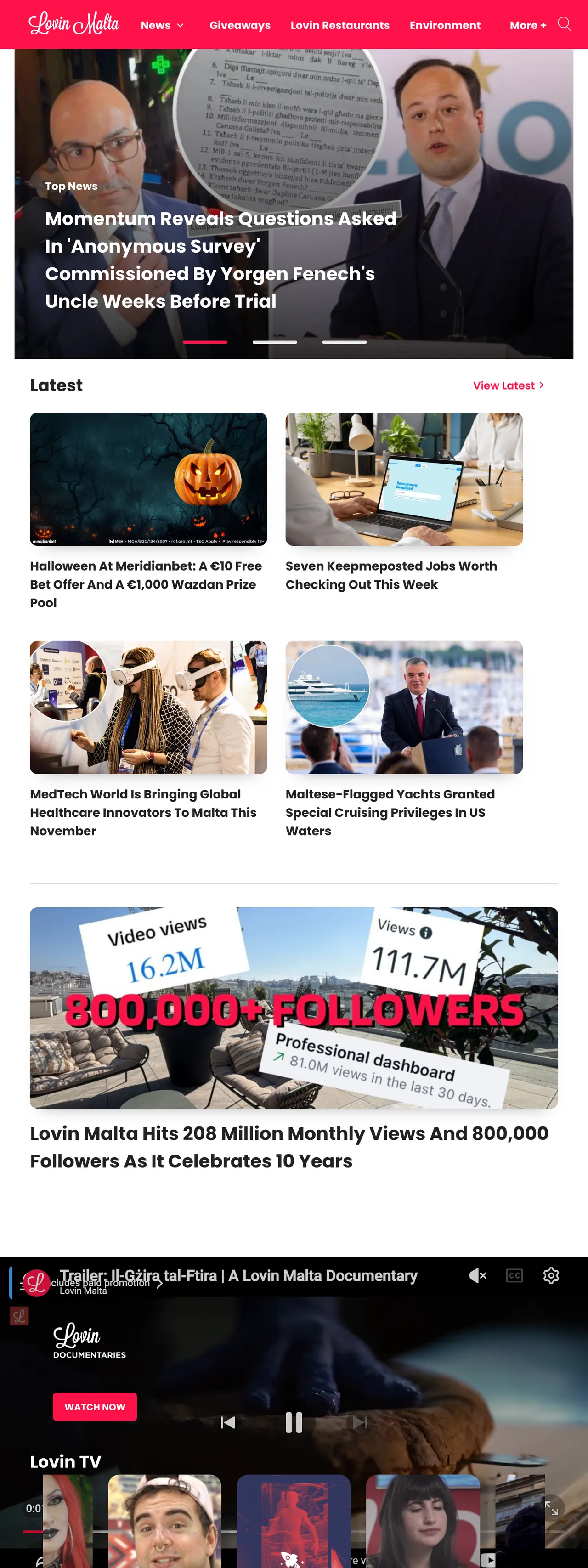 Screenshot of the Lovin Malta front page