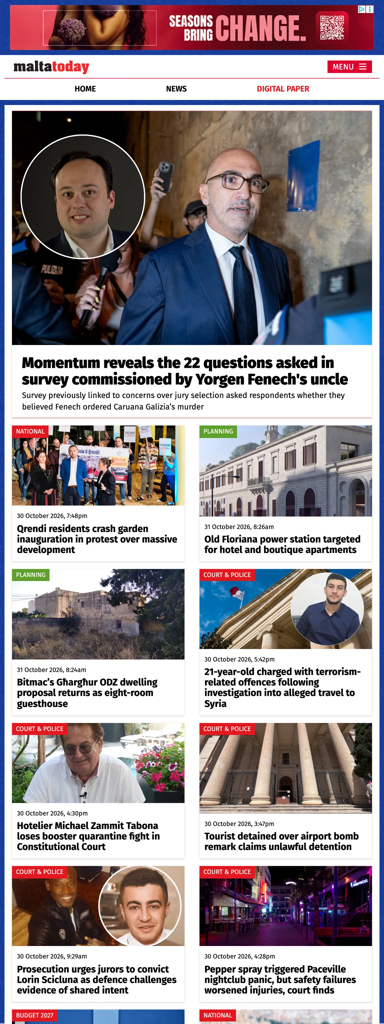 Screenshot of the Malta Today front page