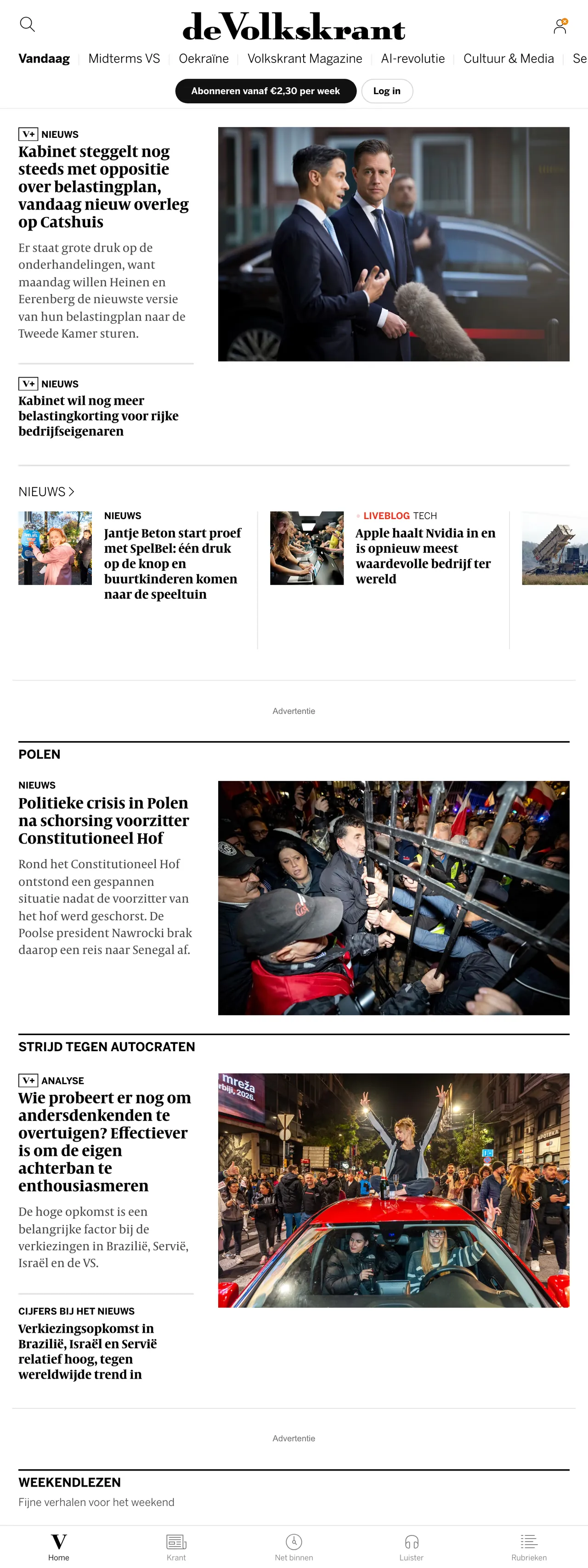Screenshot of the de Volkskrant front page