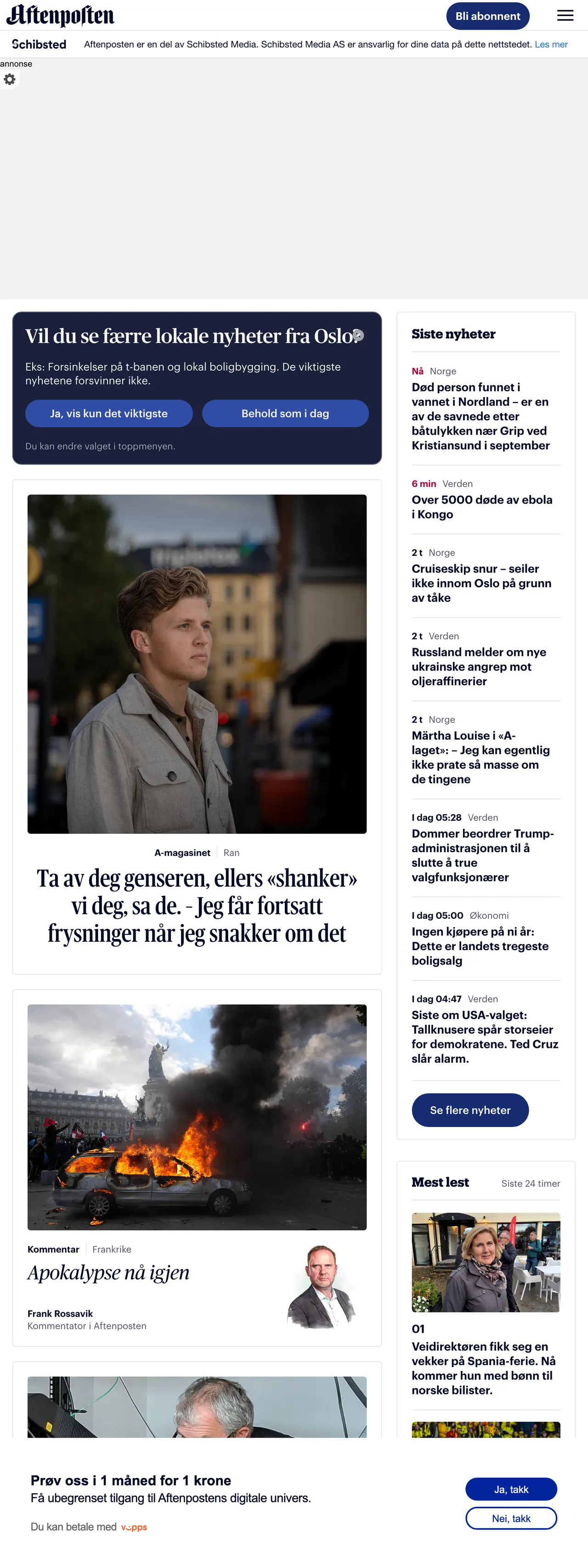Screenshot of the Aftenposten front page