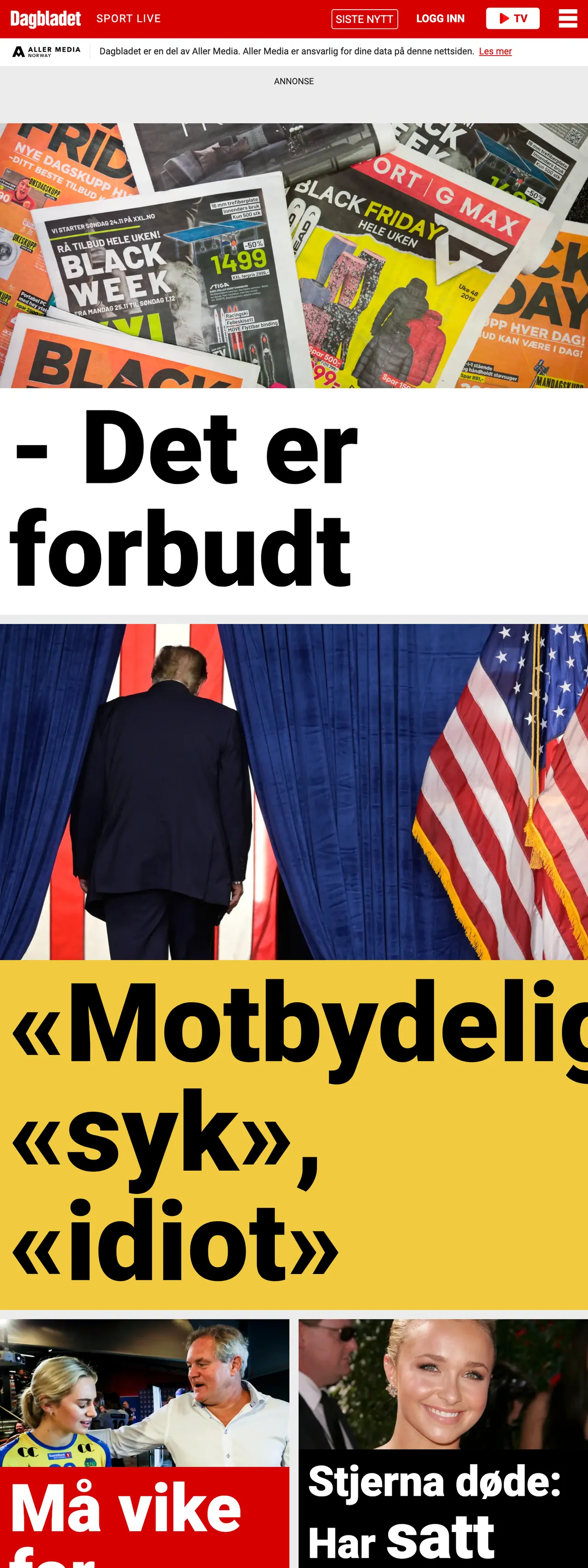 Screenshot of the Dagbladet front page