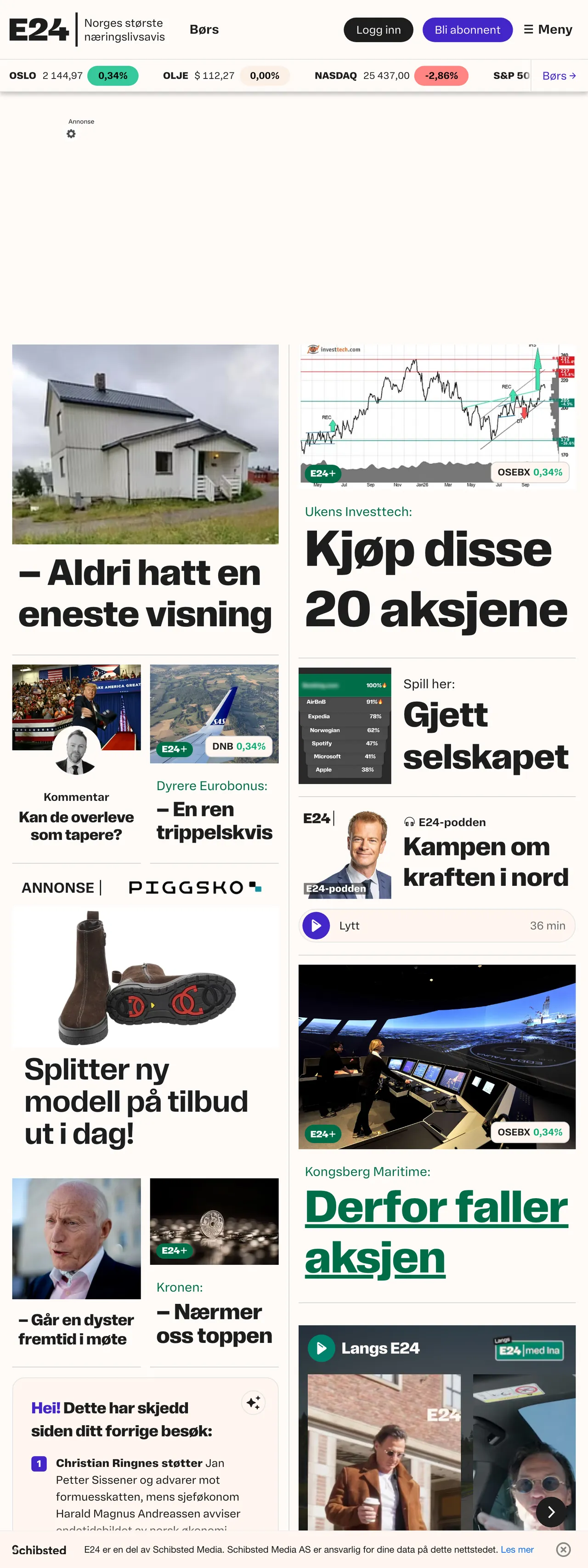 Screenshot of the E24 front page