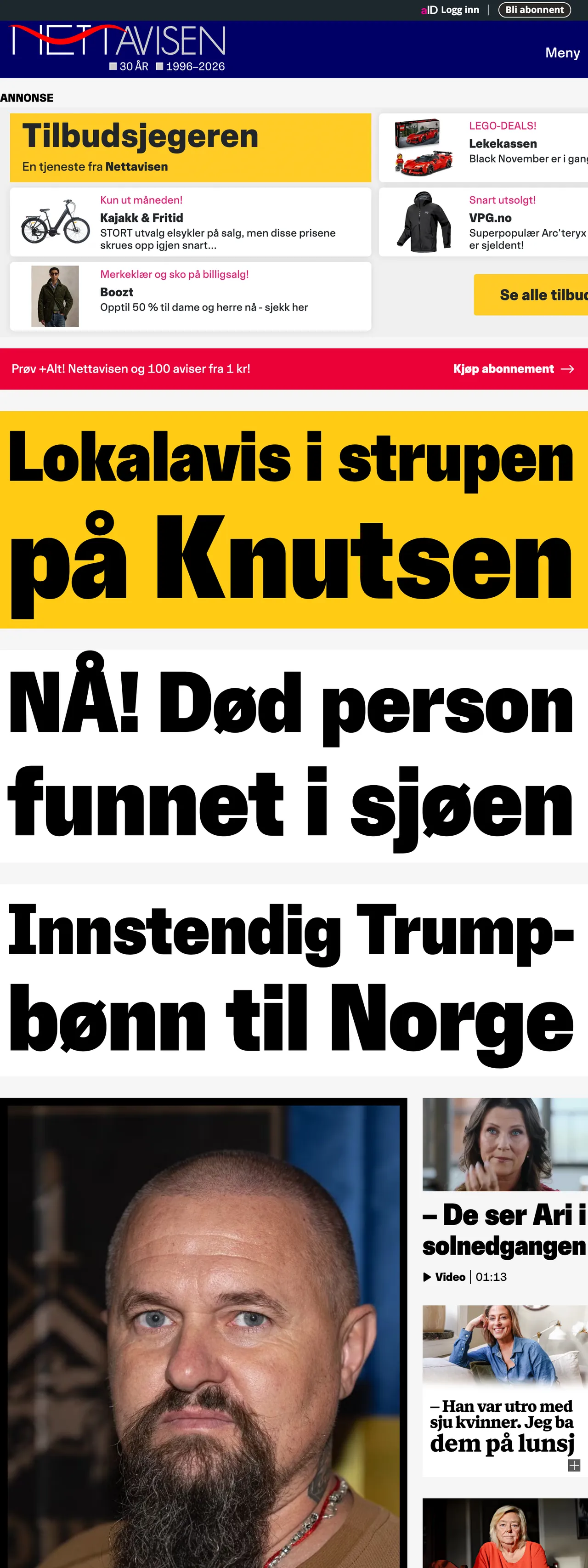 Screenshot of the Nettavisen front page