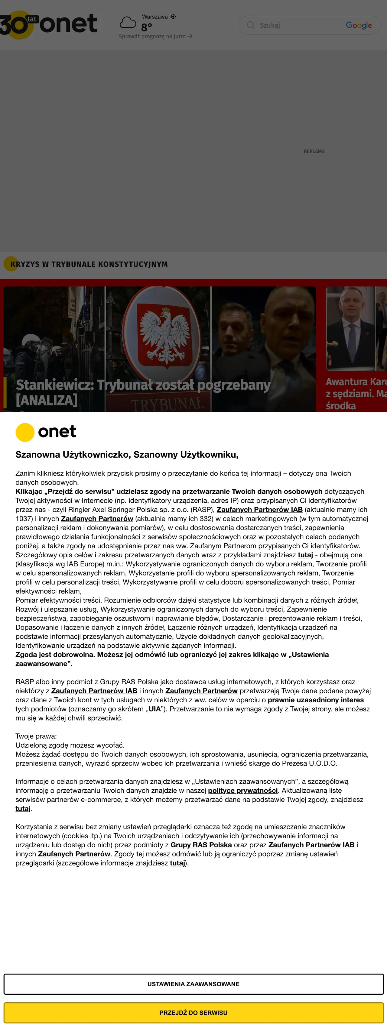Screenshot of the Onet front page