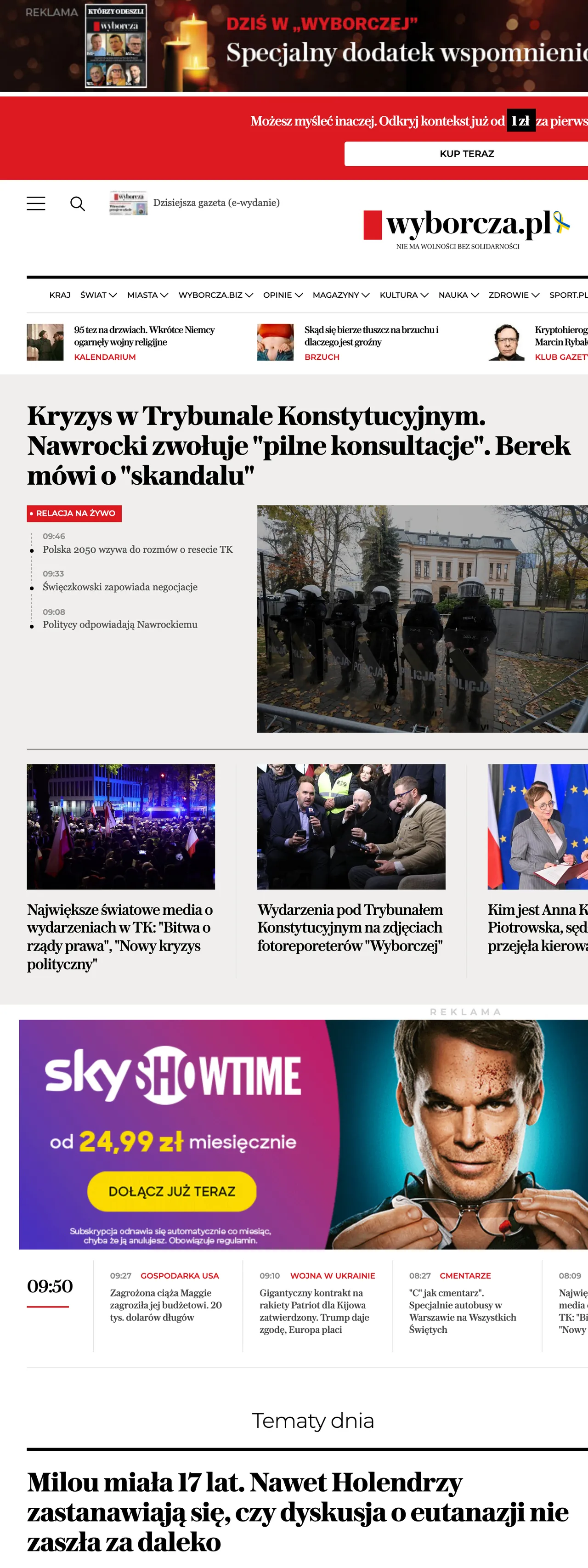 Screenshot of the Wyborcza front page