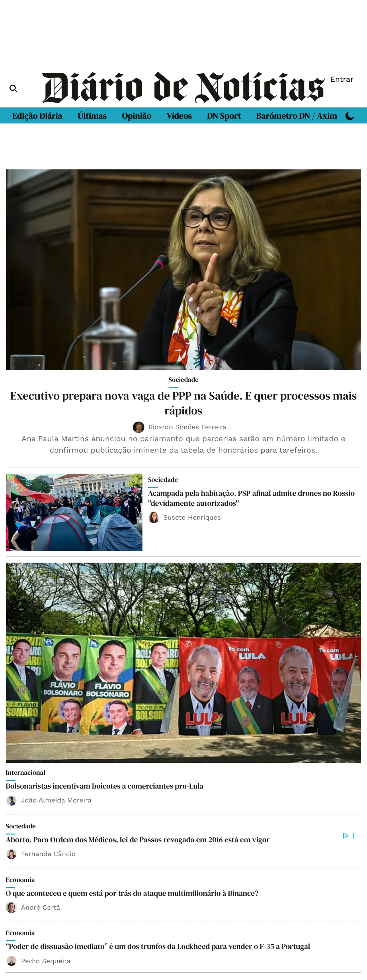 Screenshot of the Diário de Notícias front page