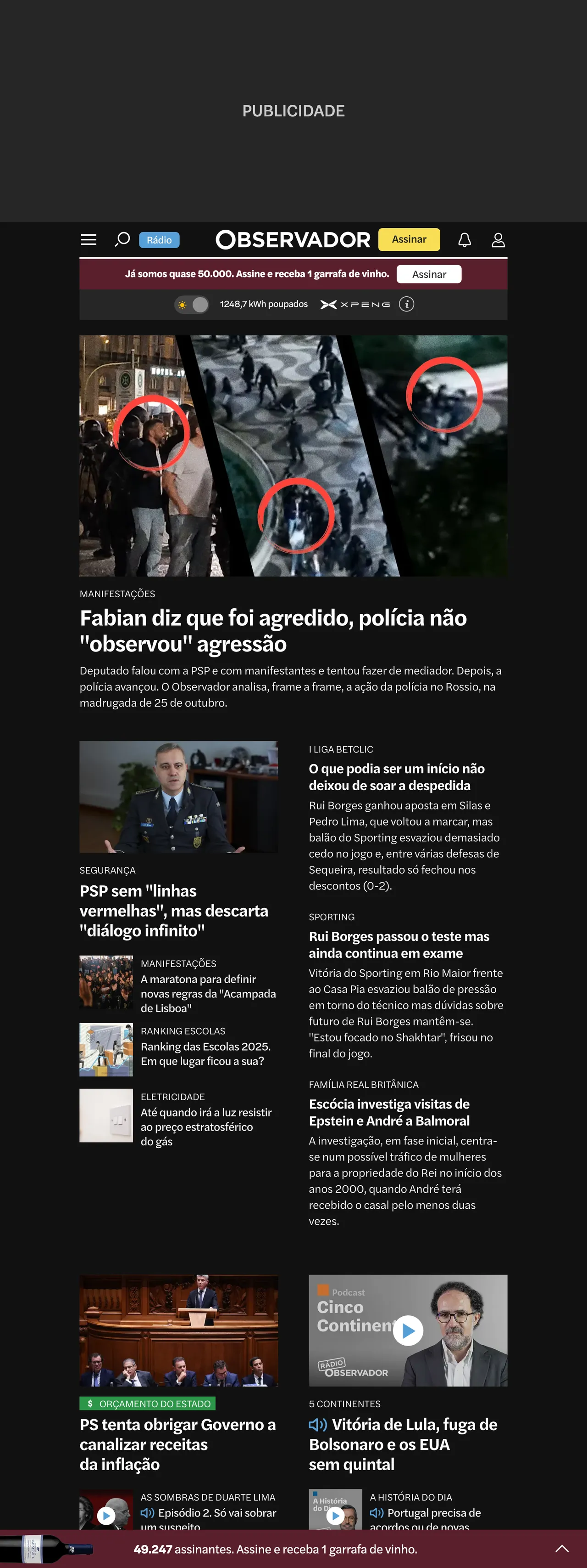 Screenshot of the Observador front page