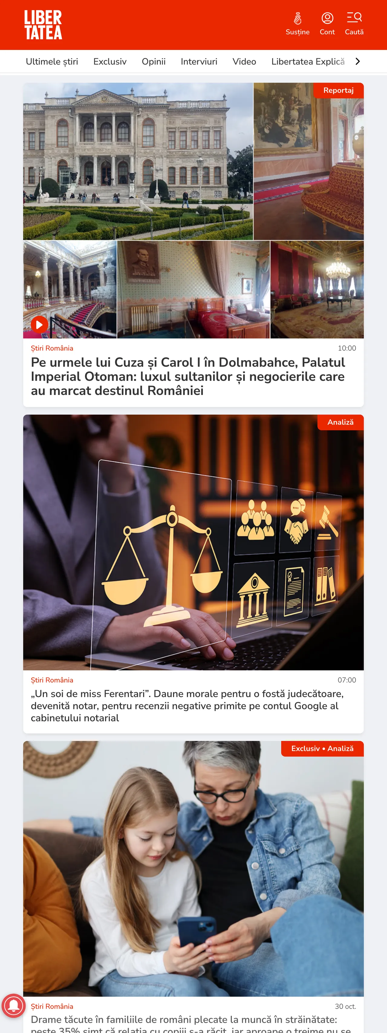 Screenshot of the Libertatea front page
