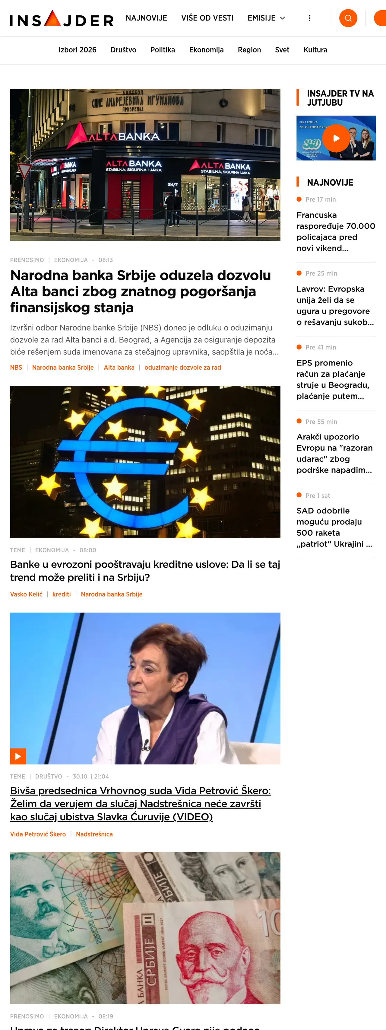 Screenshot of the Insajder front page