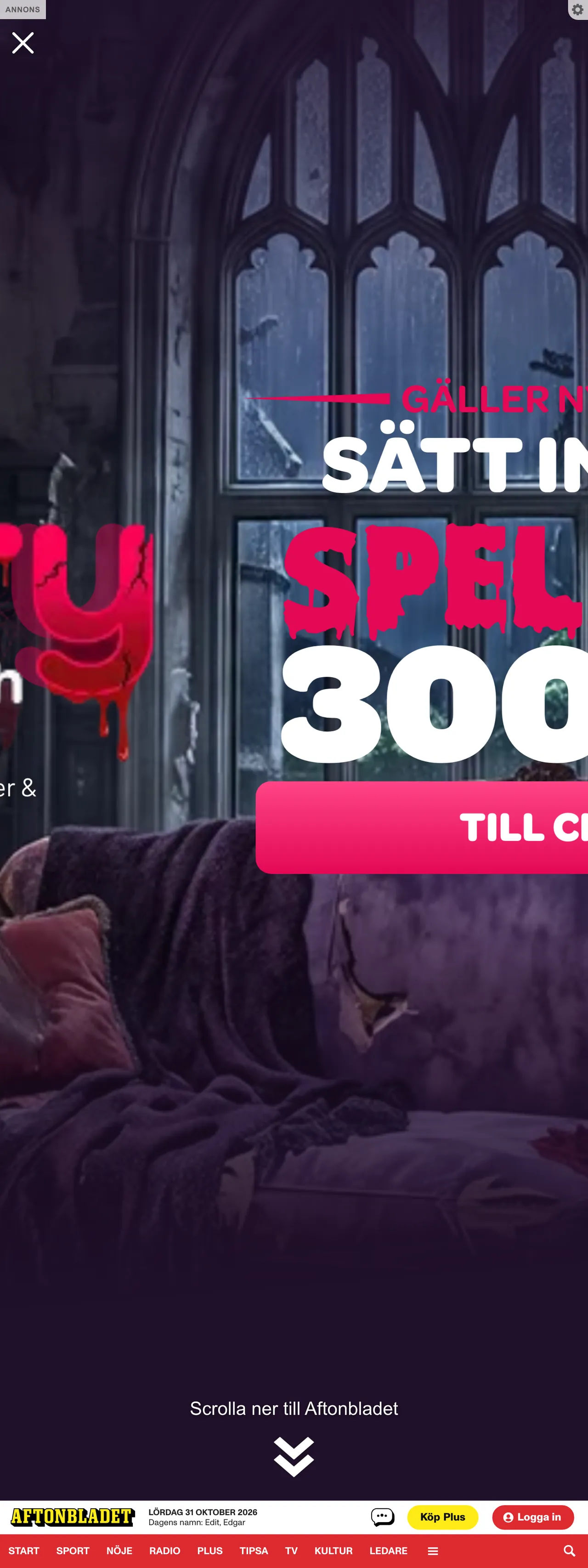 Screenshot of the Aftonbladet front page