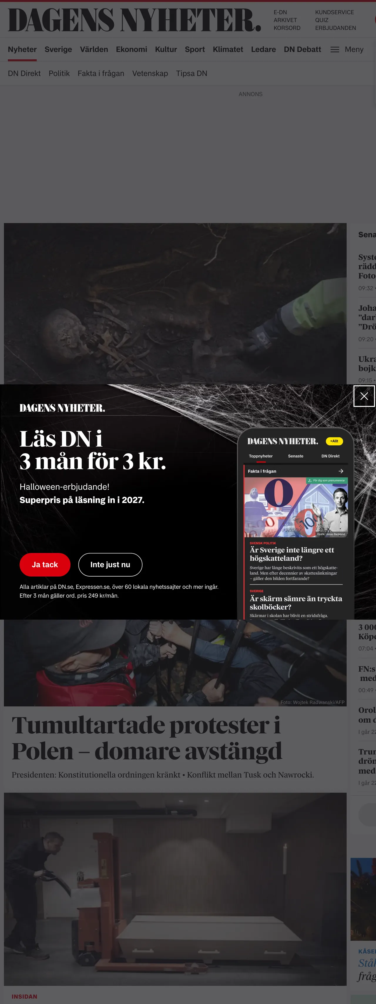 Screenshot of the Dagens Nyheter front page
