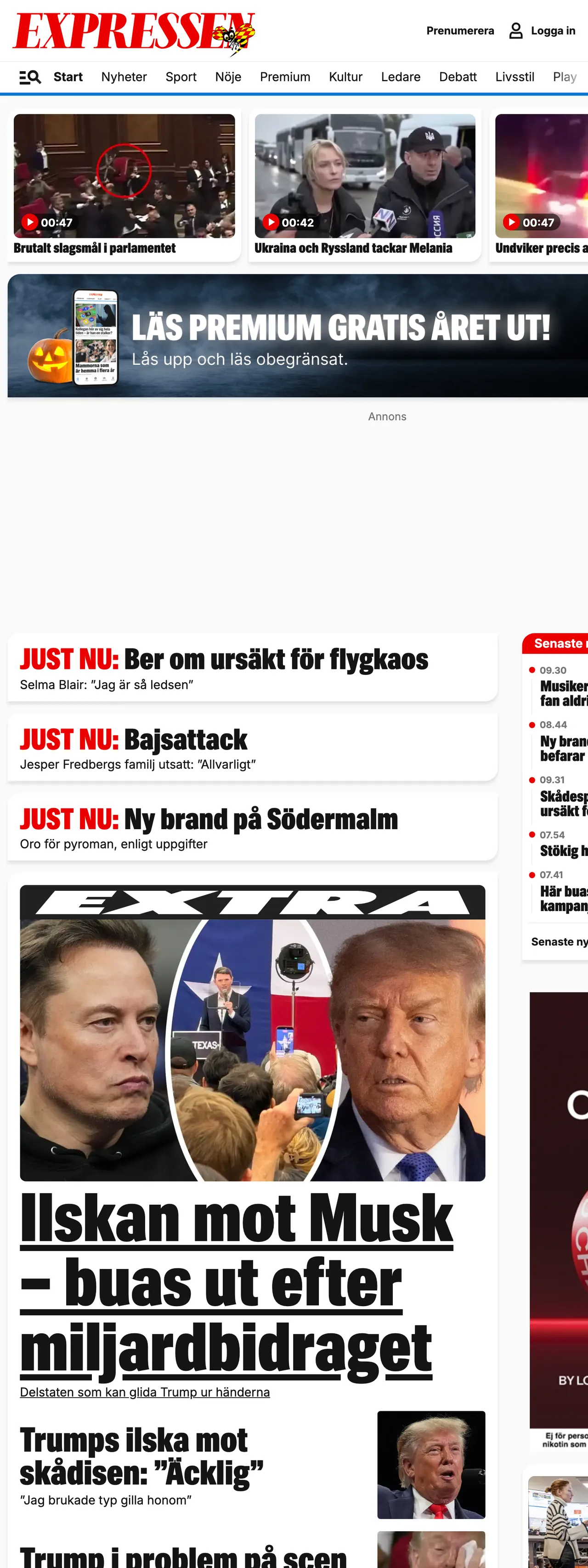 Screenshot of the Expressen front page