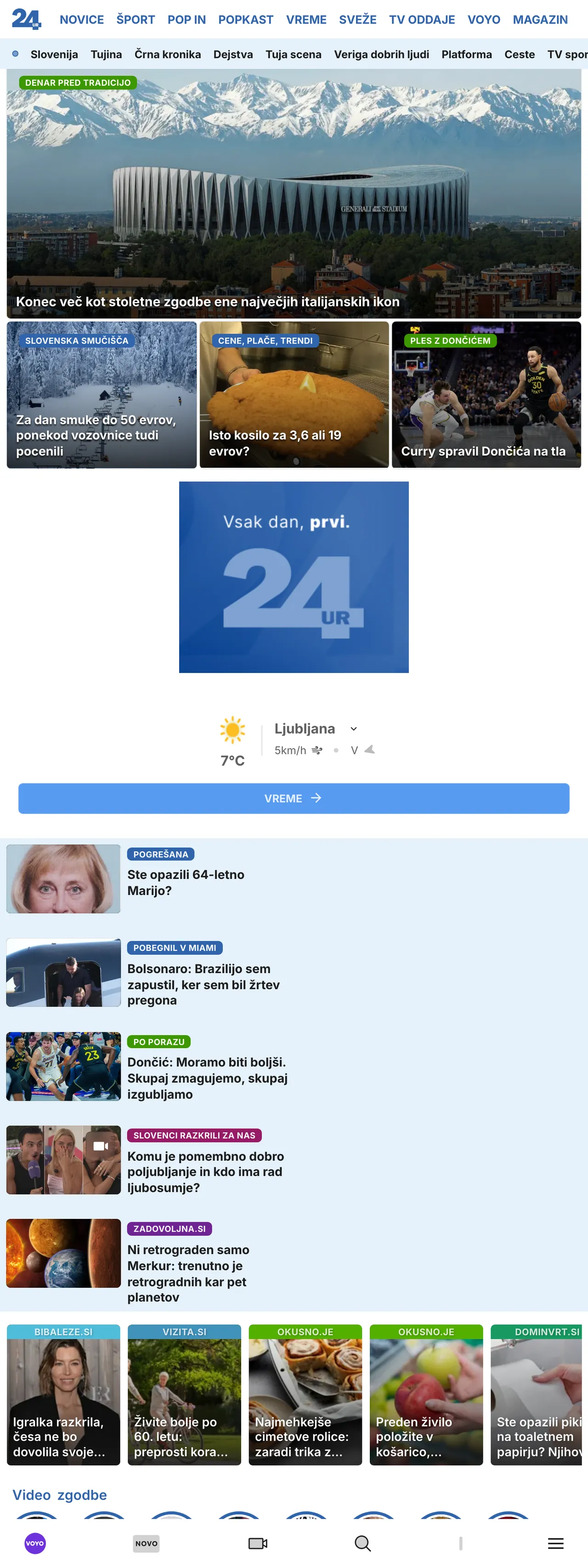Screenshot of the 24ur front page