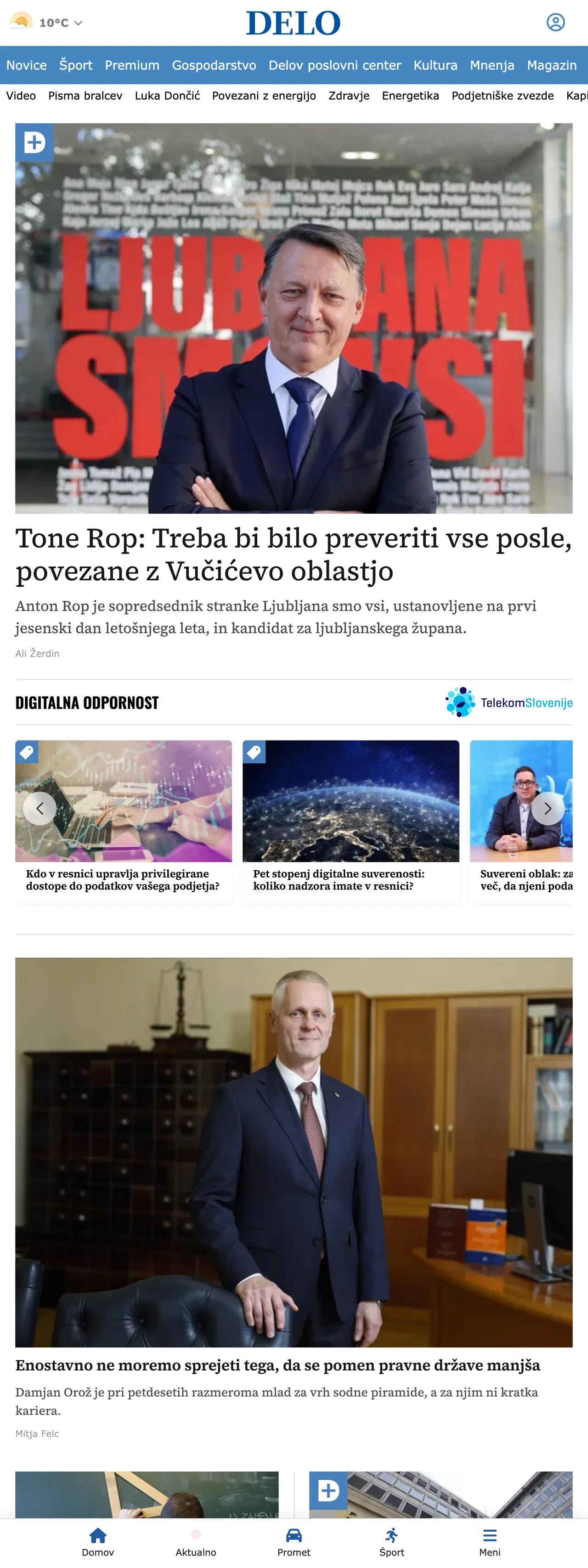 Screenshot of the Delo front page