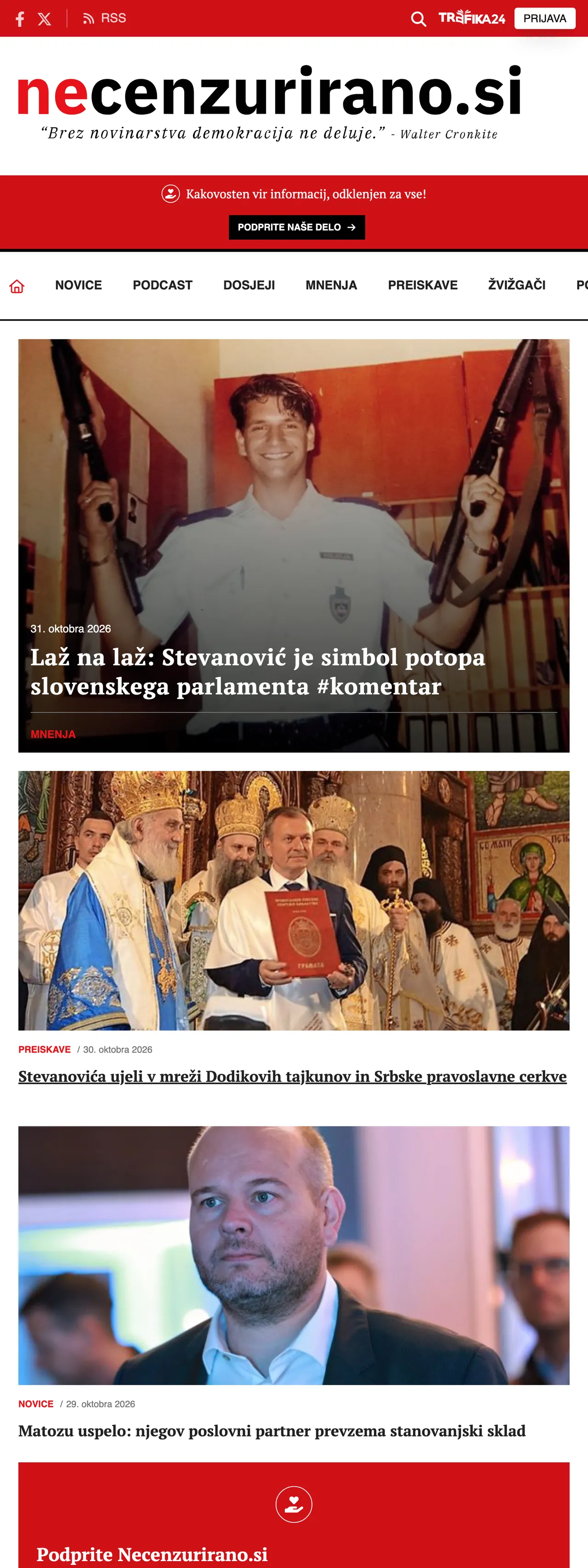 Screenshot of the Necenzurirano front page