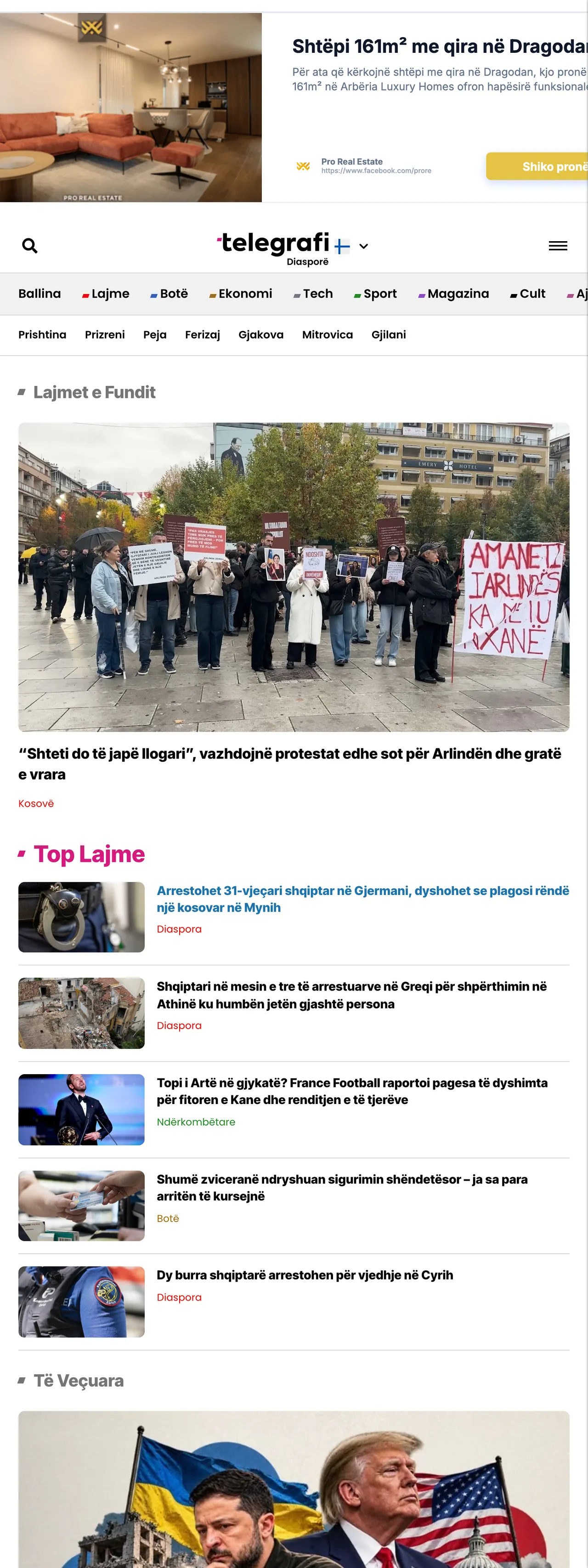 Screenshot of the Telegrafi front page